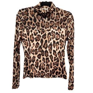 Intempo Sheer Mesh Leopard Print Bodycon Long Sleeve Turtleneck Top Women’s M